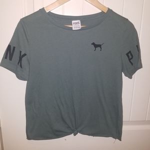 VICTORIAS SECRET PINK olive army  green tied crop top tee shirt size small
